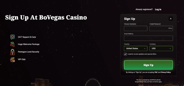 Registration at BoVegas Casino