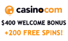 Casino.com offers deposit match-up up to $400 + 200 free spins for new customers