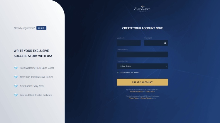 Registration at Exclusive Casino