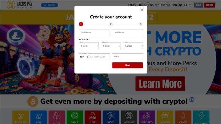 Registration at JacksPay Casino