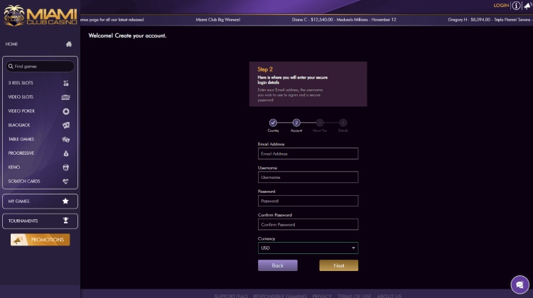 Registration at Miami Club Casino