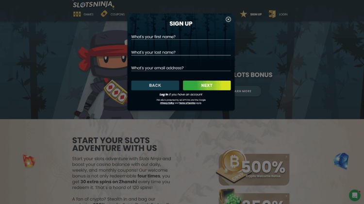 Registration at Slots Ninja