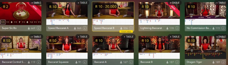 The live delaer baccarat lobby at Spela Casino