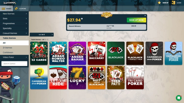 Card and Table Games at Slots Ninja